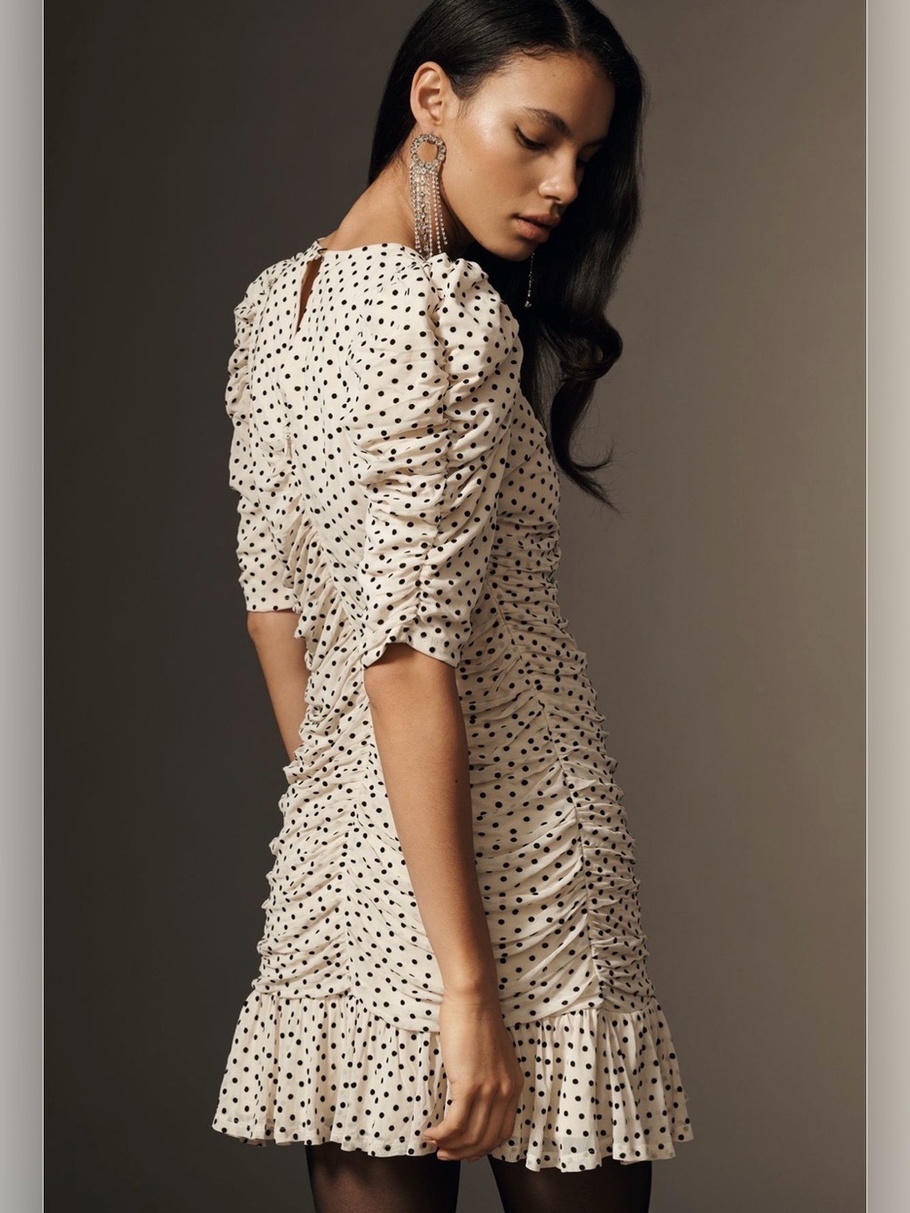 Maeve puff sleeve ruched mesh polka dot mini dress